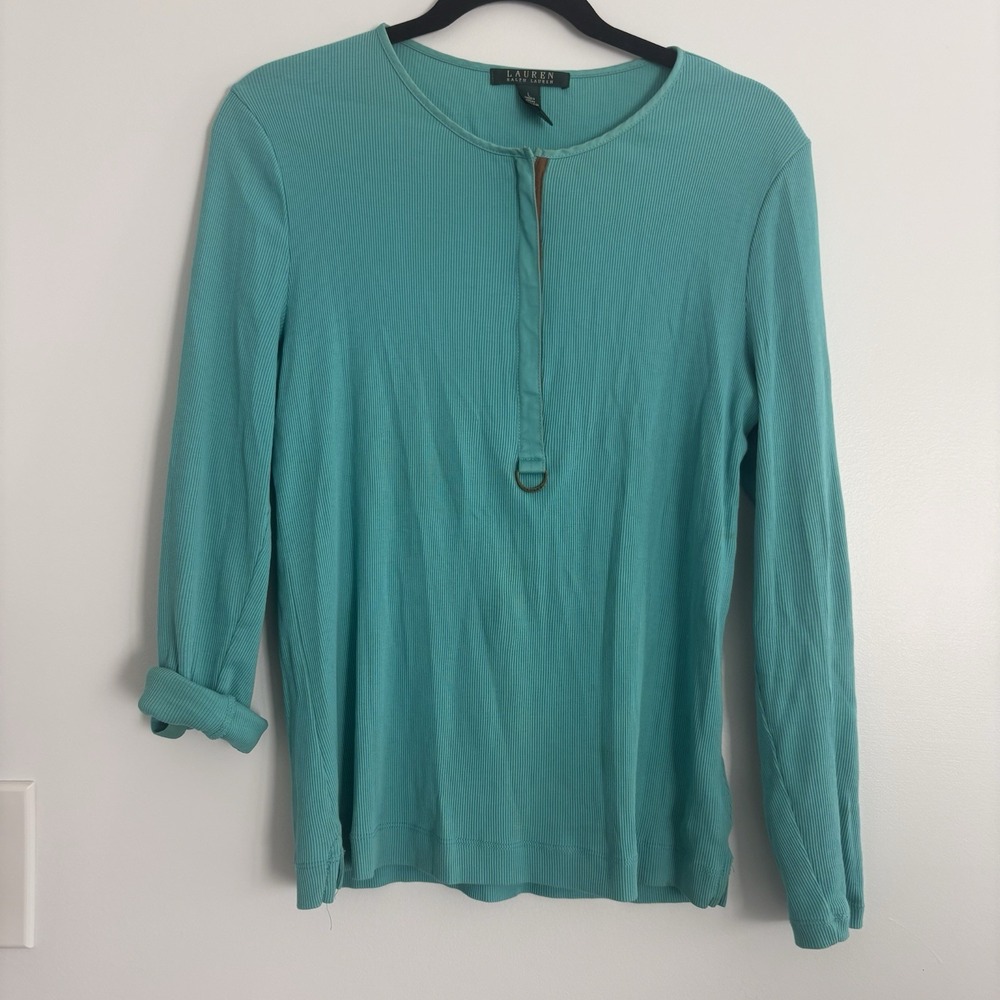 Lauren Ralph Lauren Women's‎ L Emerald Green Ribbed Lightweight Shirt Zipper Y2K